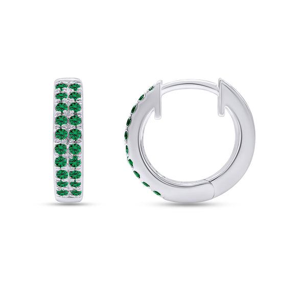 Round Cut Simulated Green Emerald Double Row Huggies Hoop Earrings For Women In 10K Or 14K Solid Gold And 925 Sterling Silver