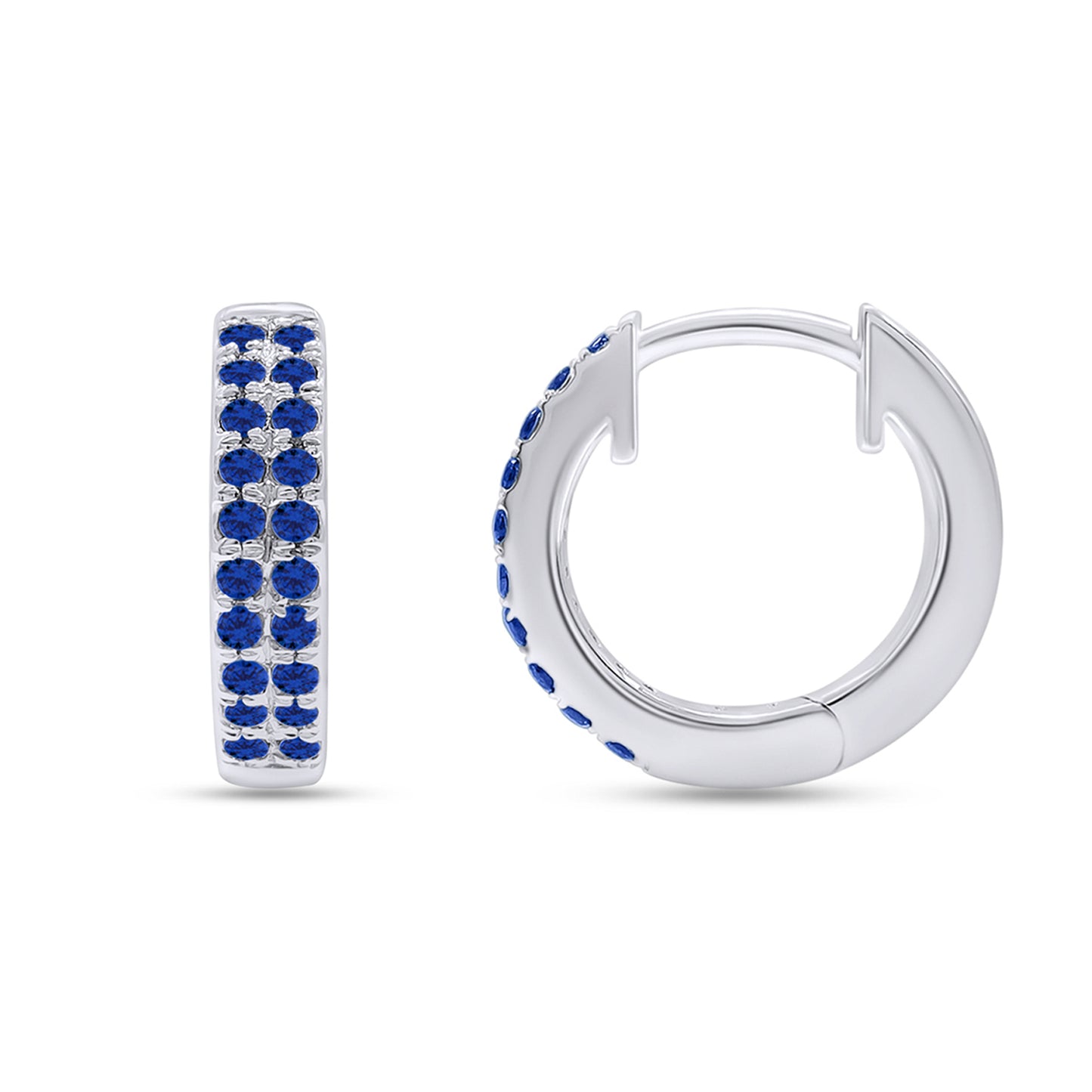 Round Cut Simulated Blue Sapphire Double Row Huggies Hoop Earrings For Women In 10K Or 14K Solid Gold And 925 Sterling Silver