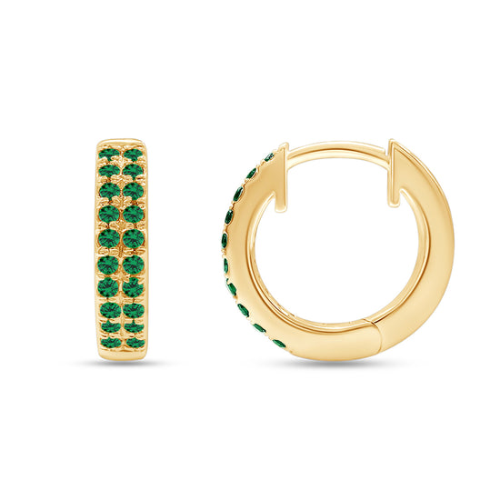 Round Cut Simulated Green Emerald Double Row Huggies Hoop Earrings For Women In 10K Or 14K Solid Gold And 925 Sterling Silver