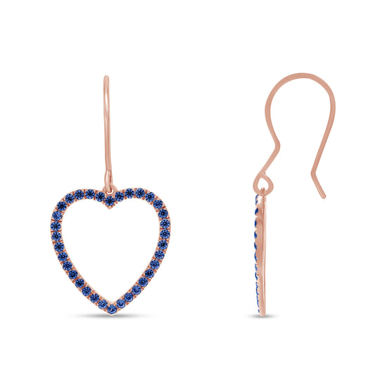 Round Cut Simulated Blue Sapphire Open Heart Drop Earrings For Womens In 10K Or 14K Solid Gold And 925 Sterling Silver