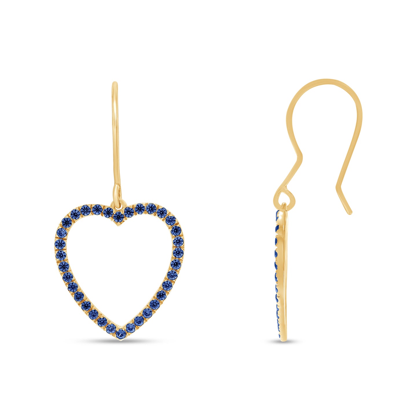 Round Cut Simulated Blue Sapphire Open Heart Drop Earrings For Womens In 10K Or 14K Solid Gold And 925 Sterling Silver