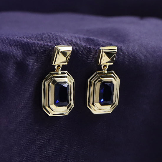 Load image into Gallery viewer, 7X5MM Bezel Set Simulated Blue Sapphire Solitaire Drop Dangle Earrings For Women In 10K &amp;amp; 14K Solid Gold And 925 Sterling Silver
