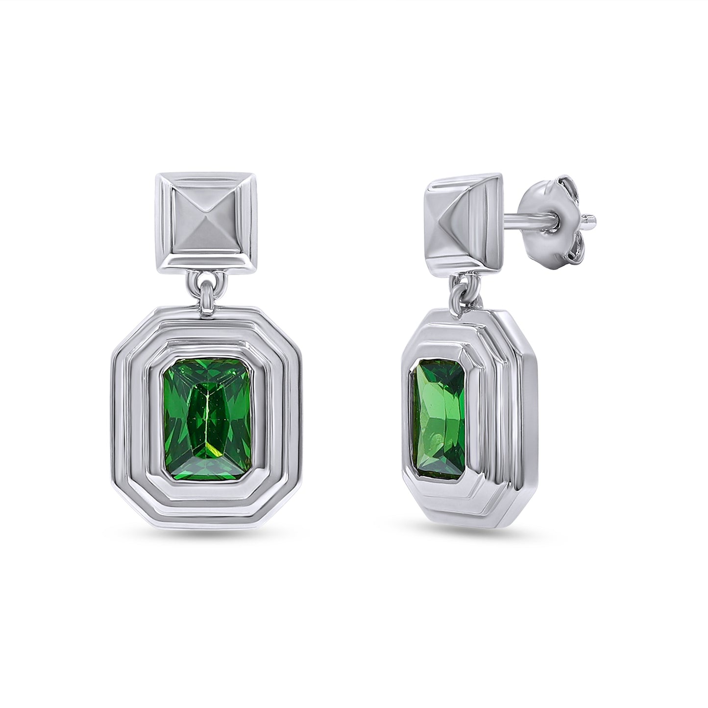 7X5MM Bezel Set Simulated Green Emerald Solitaire Drop Dangle Earrings For Women In 10K & 14K Solid Gold And 925 Sterling Silver