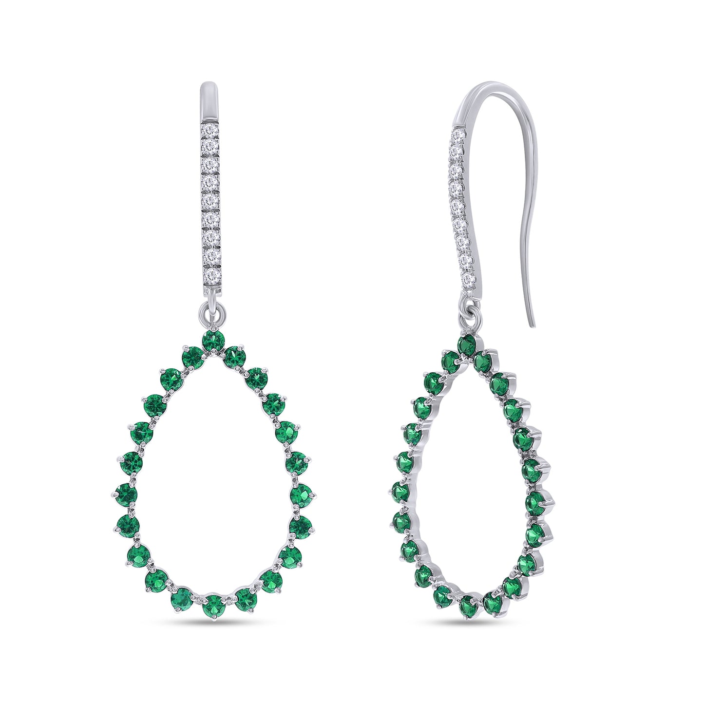 Round Cut White Cubic Zirconia & Simulated Green Emerald Open Teardrop Earrings For Womens In 10K Or 14K Solid Gold And 925 Sterling Silver