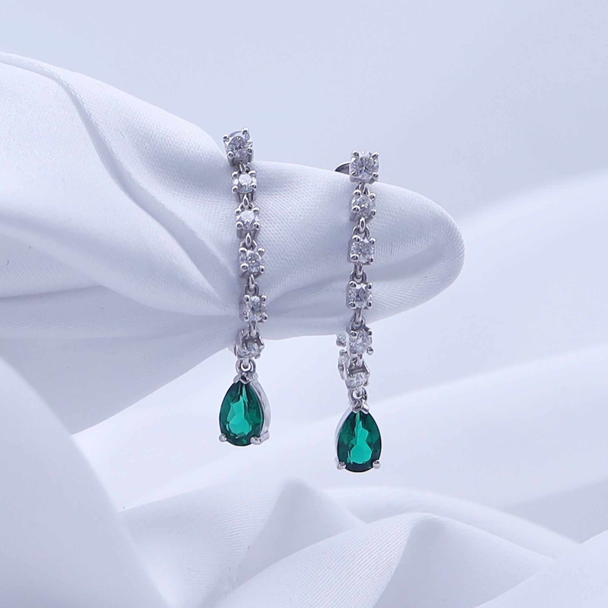 Lab Grown Zambian Green Emerald & Moissanite Dangle Drop Chain Earrings