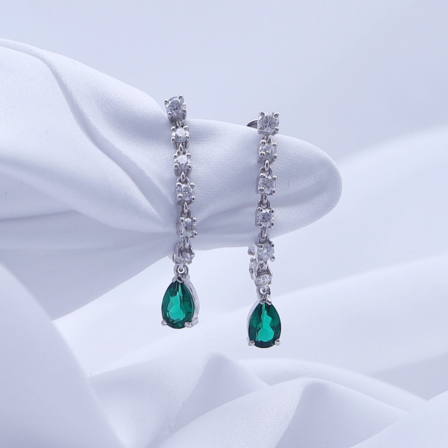 4x6mm Pear Lab Grown Zambian Green Emerald & White Cubic Zirconia Dangle Drop Chain Earrings, for Women In 10K