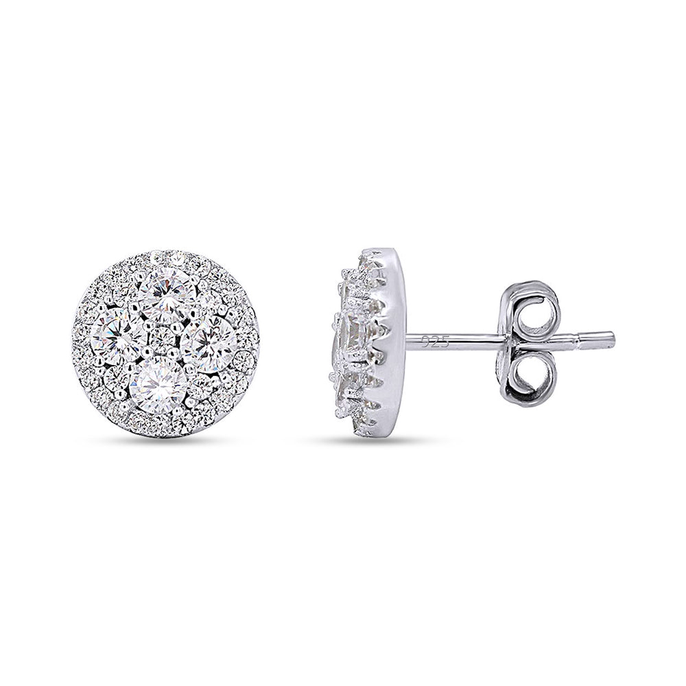 Halo Cluster Cubic Zirconia Stud Earrings for Women in 925 Sterling Silver