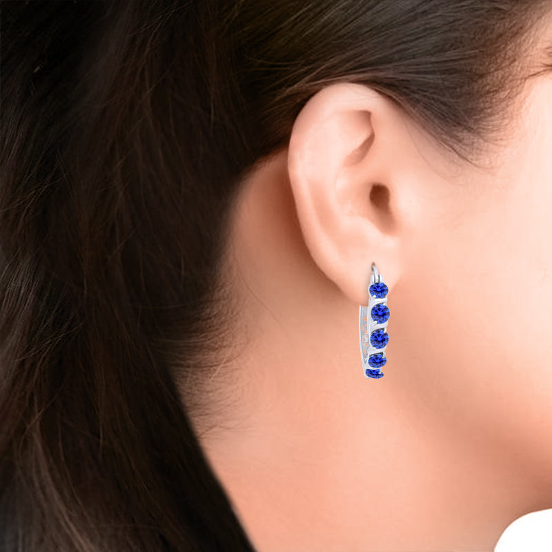 Round Cut Simulated Blue Sapphire Dainty Tiny Hoop Earrings For Women In 925 Sterling Silver