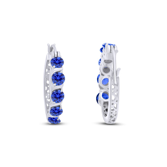 Round Cut Simulated Blue Sapphire Dainty Tiny Hoop Earrings For Women In 925 Sterling Silver