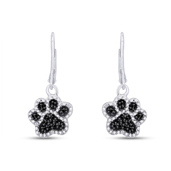 Load image into Gallery viewer, Black &amp;amp; White Natural Diamond Dog Paw Print Dangle Earrings in 925 Sterling Silver (1/6 Cttw)
