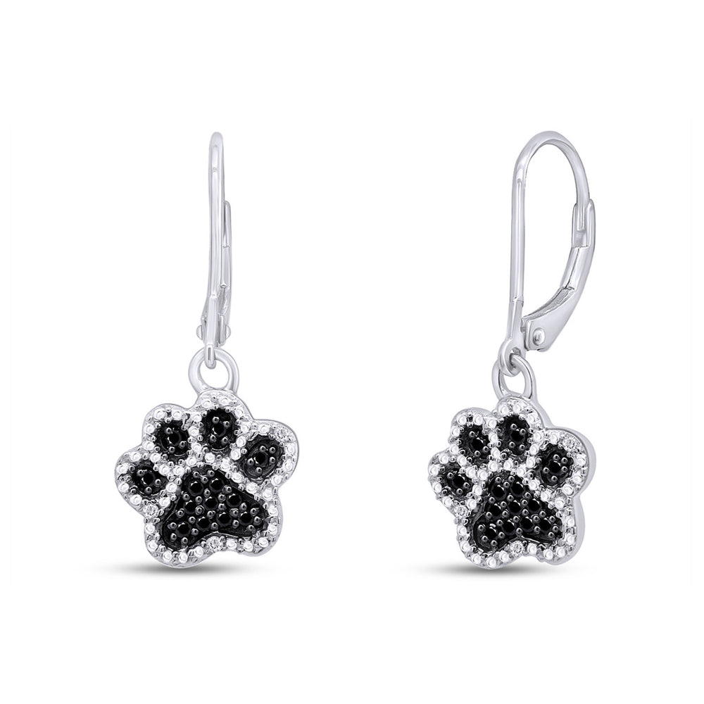 Black & White Natural Diamond Dog Paw Print Dangle Earrings in 925 Sterling Silver (1/6 Cttw)