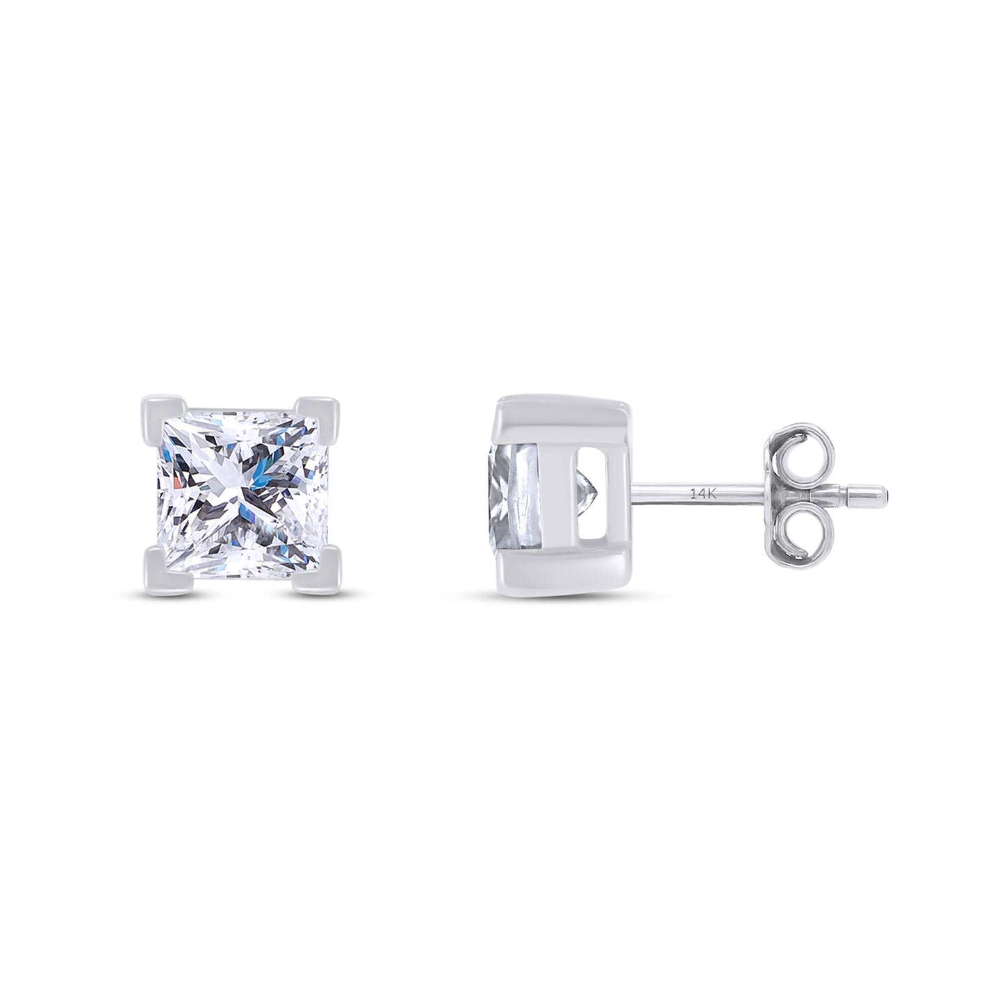 Princess Cut Lab Created Moissanite Diamond Push Back Solitaire Stud Earrings In 925 Sterling Silver & 14K Gold Post