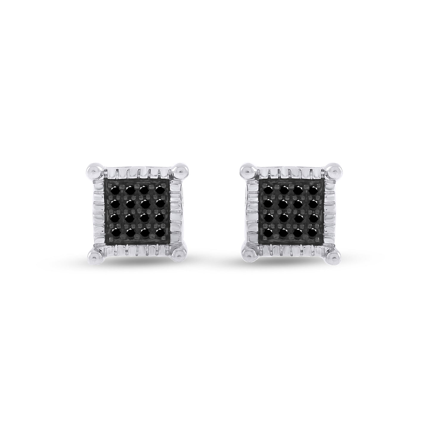 Round Shape Enhanced Black Natural Diamond Milgrain Square Stud Earrings In 14K Gold Over Sterling Silver (0.10 Cttw)