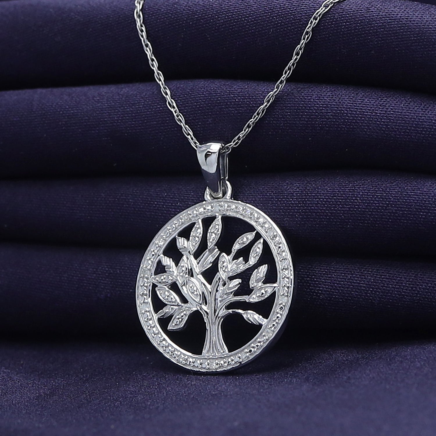 Natural Diamond Two Tone Tree of Life Pendant Necklace Sterling Silver