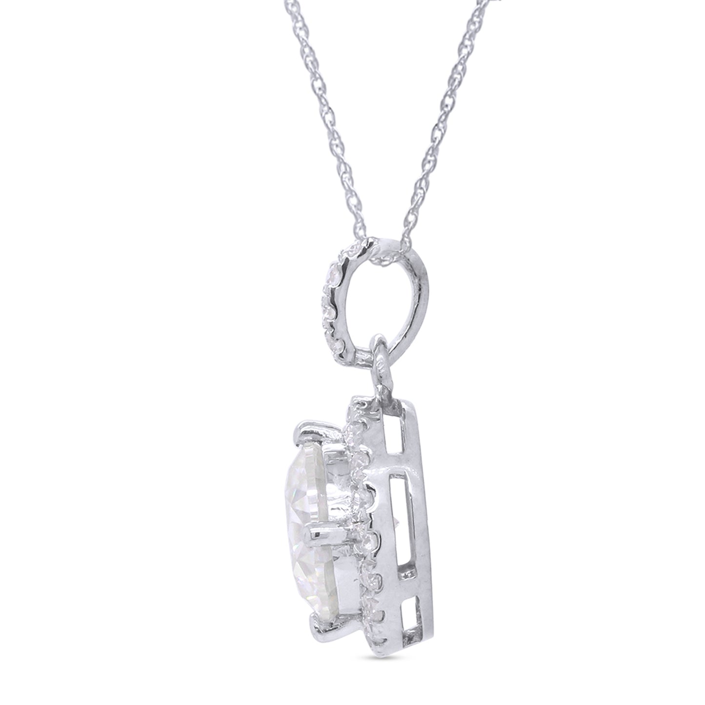 2 1/10 Carat Lab Created Moissanite Diamond Halo Pendant Necklace In 925 Sterling Silver (2.10 Cttw)