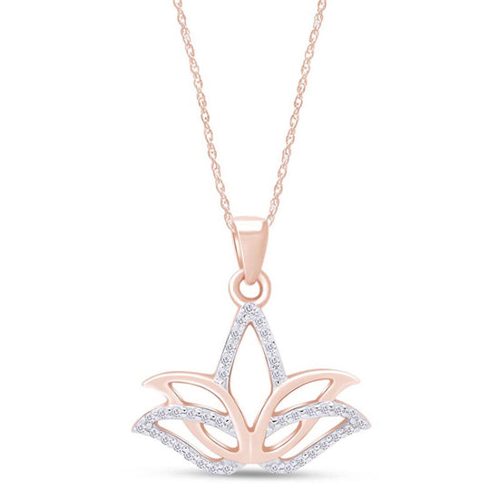 1/10 Carat Round Cut Natural Diamond Outline Lotus Flower Pendant Necklace In 925 Sterling Silver (0.10 Cttw)