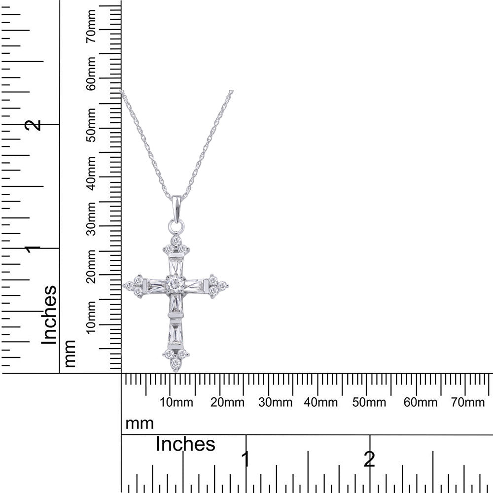 Round & Baguette Cut White Cubic Zirconia Cross Pendant Necklace 925 Sterling Silver