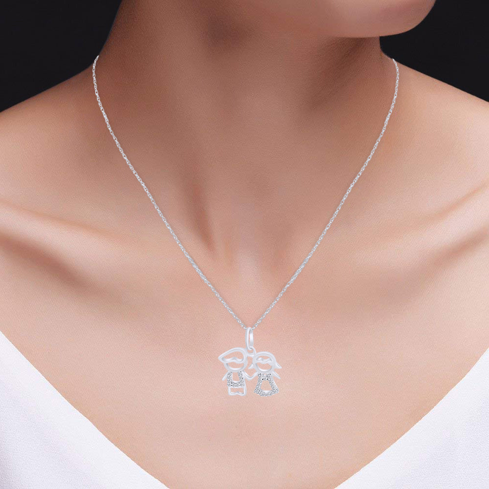 White Cubic Zirconia Son Daughter Two Kids Twins Family Pendant Necklace For Women In 925 Sterling Silver