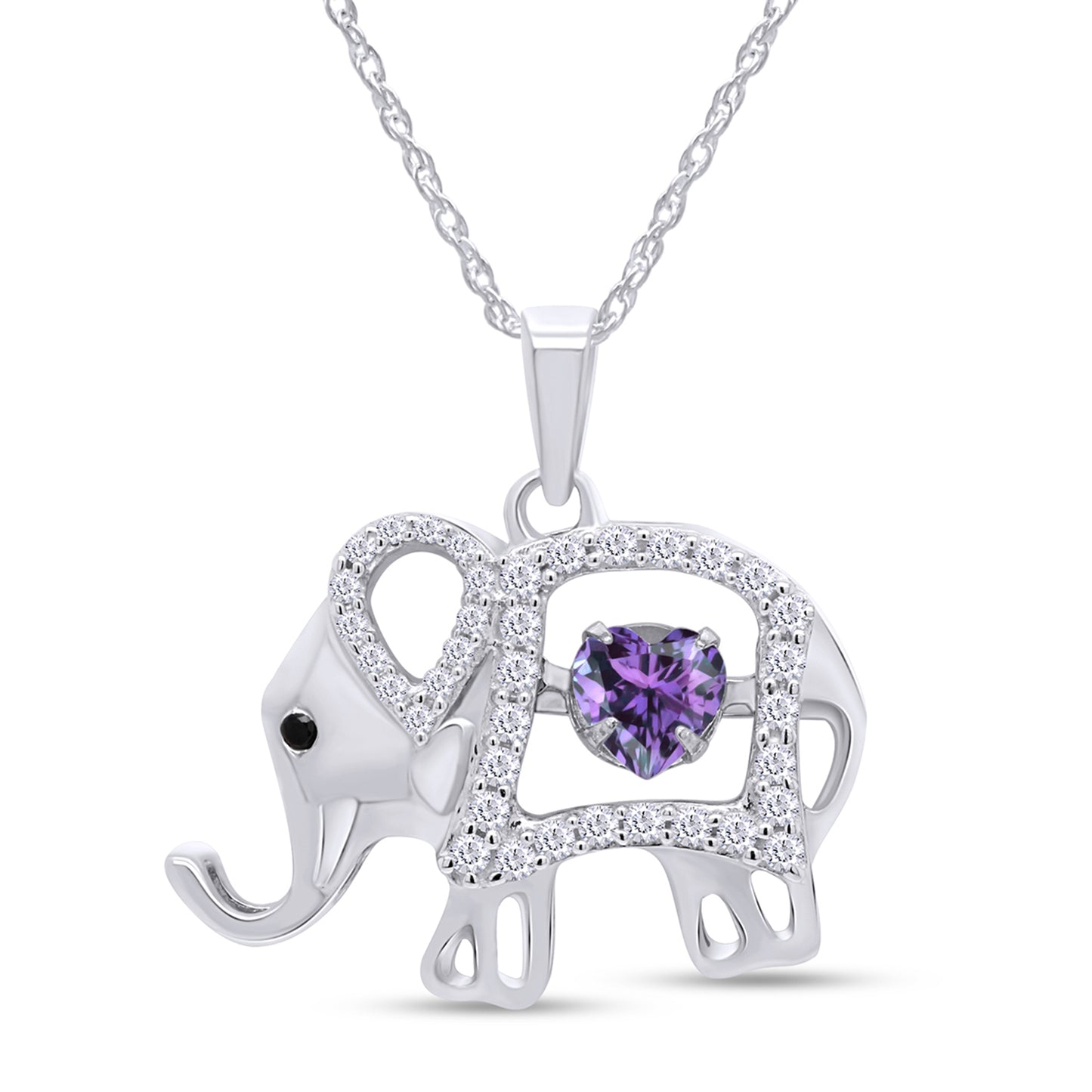 Elephant Floater Pendant Heart & Round Simulated Birthstone And Round Cut Cubic Zirconia Elephant Floater Pendant Necklace In 925 Sterling Silver