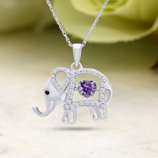 Elephant Floater Pendant Heart & Round Simulated Birthstone And Round Cut Cubic Zirconia Elephant Floater Pendant Necklace In 925 Sterling Silver