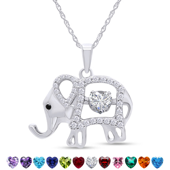 Elephant Floater Pendant Heart & Round Simulated Birthstone And Round Cut Cubic Zirconia Elephant Floater Pendant Necklace In 925 Sterling Silver