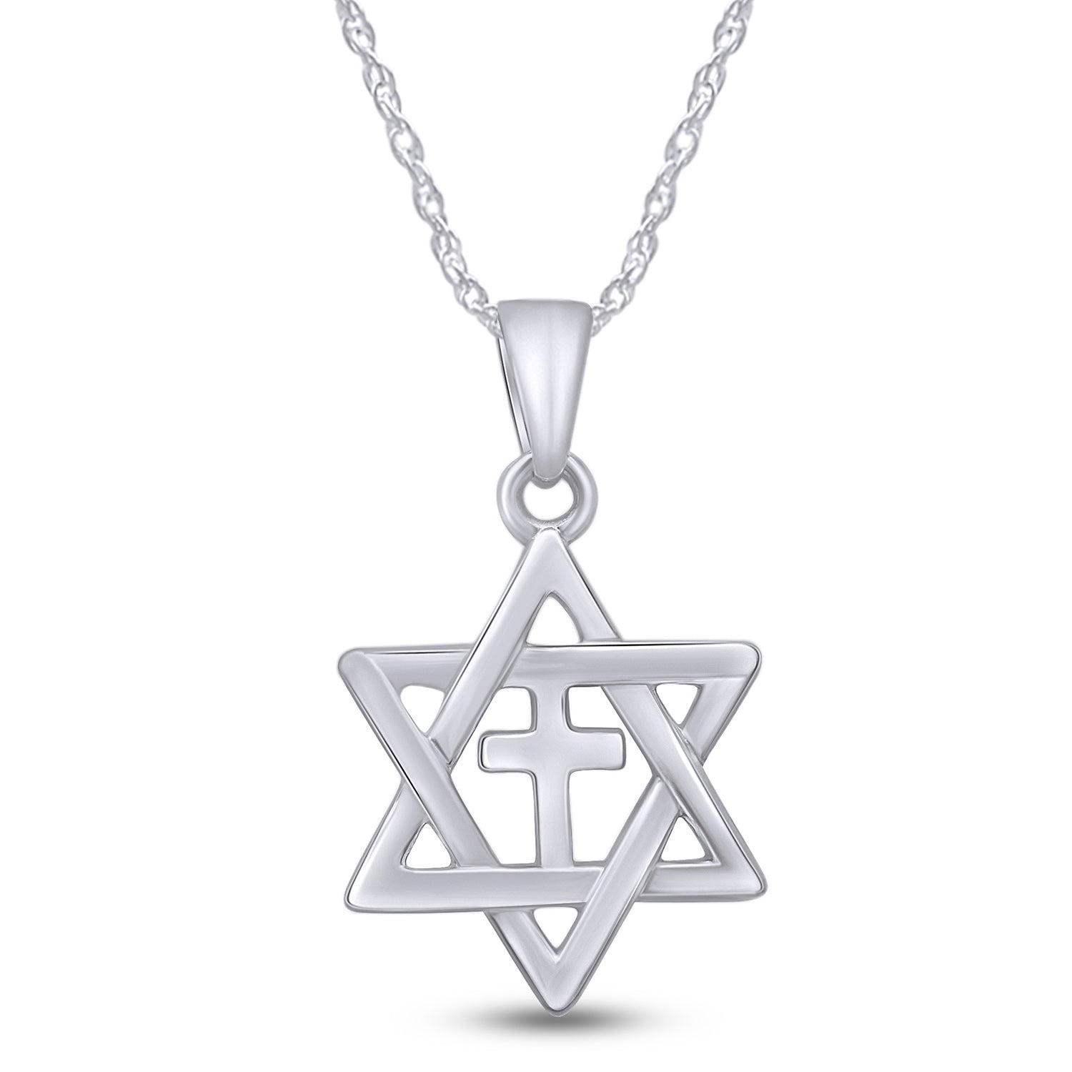 Jewish Star of David with Cross Pendant Necklace Sterling Silver