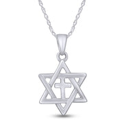 Jewish Star of David with Cross Pendant Necklace Sterling Silver