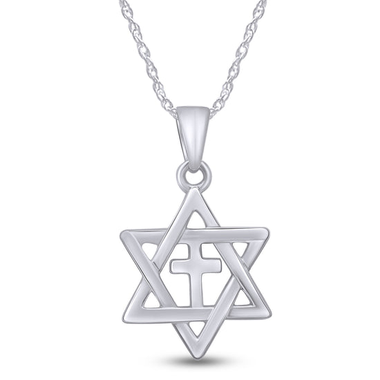 Jewish Star of David with Cross Pendant Necklace in 14k Gold Over Sterling Silver