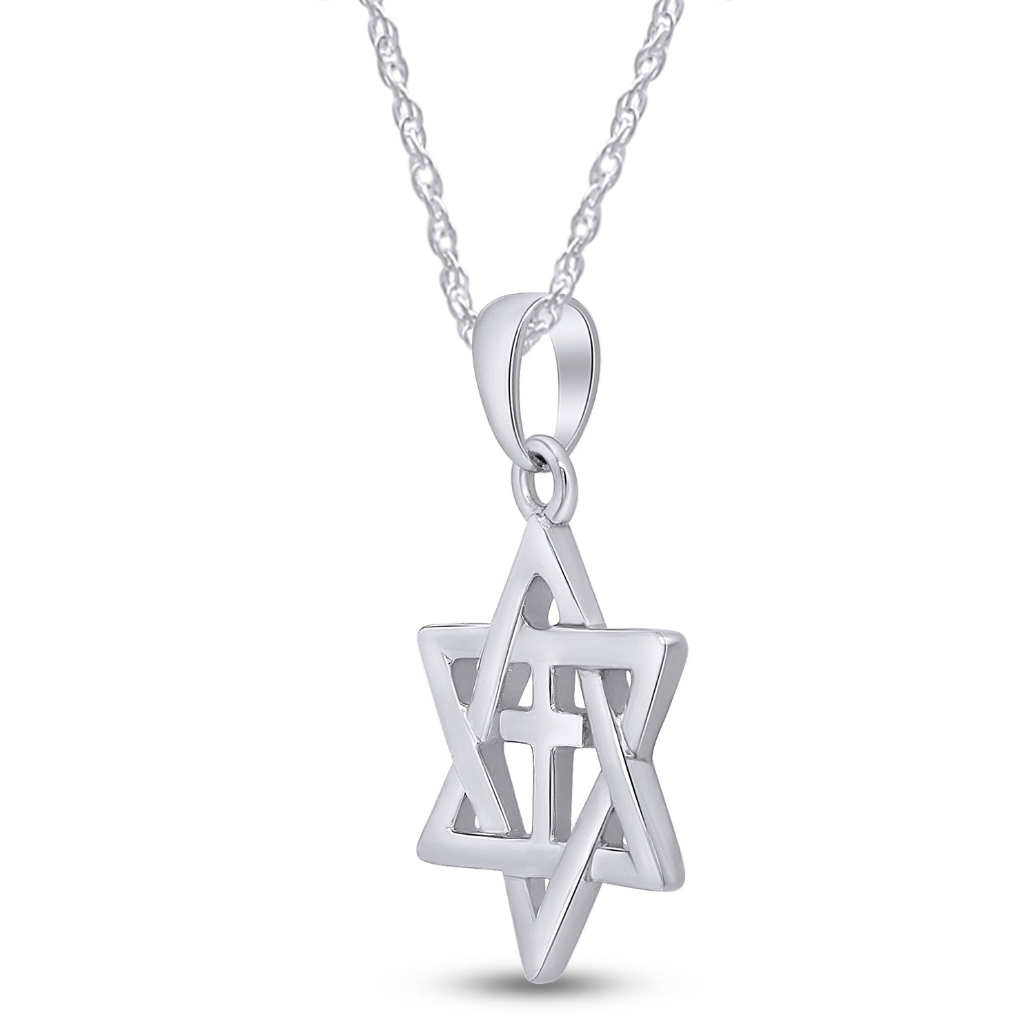 Jewish Star of David with Cross Pendant Necklace Sterling Silver