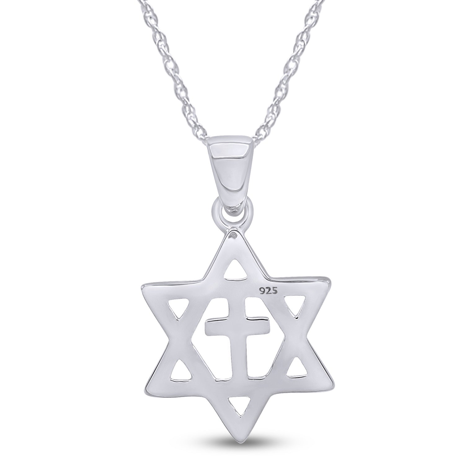 Jewish Star of David with Cross Pendant Necklace Sterling Silver