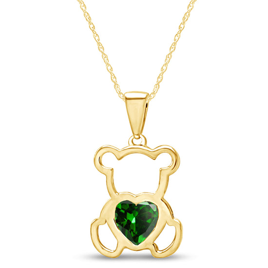 Heart Shape Simulated Birthstone Cute Teddy Bear Pendant Necklace For Women In 925 Sterling Silver