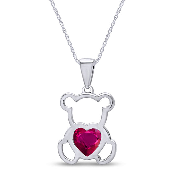 Heart Shape Simulated Birthstone Cute Teddy Bear Pendant Necklace For Women In 925 Sterling Silver