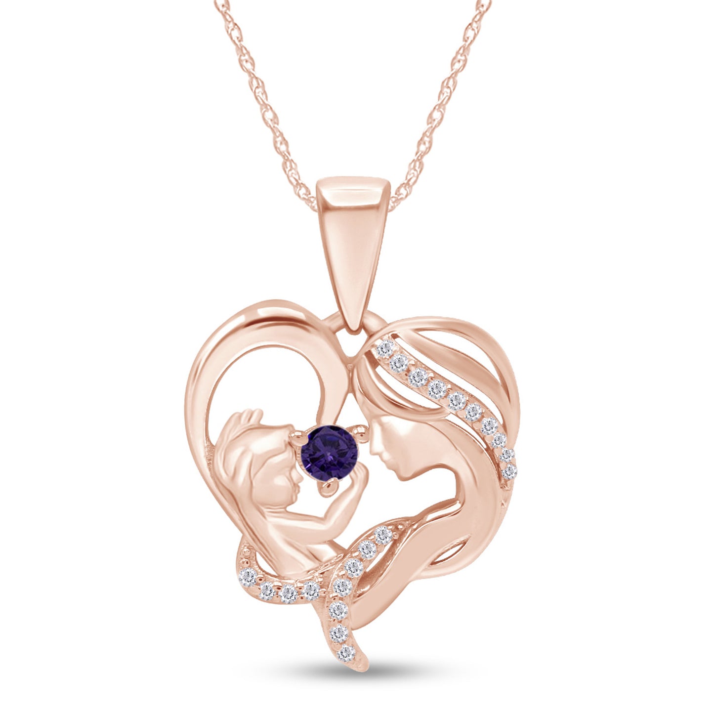 Round Cut Simulated Birthstone & White Cubic Zirconia Mom with Child Heart Pendant Necklace in 14K Rose Gold Over Sterling Silver