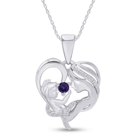 Round Cut Simulated Birthstone & White Cubic Zirconia Mom with Child Heart Pendant Necklace in 14K White Gold Over Sterling Silver