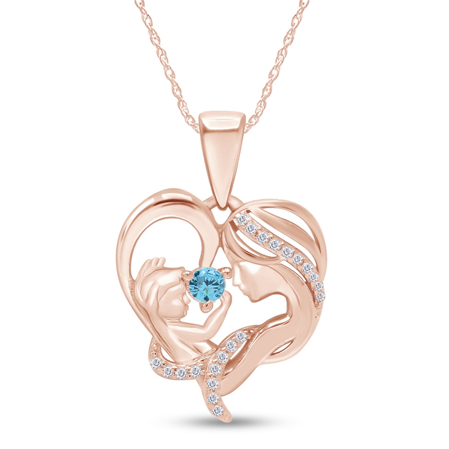 Round Cut Simulated Birthstone & White Cubic Zirconia Mom with Child Heart Pendant Necklace in 14K Rose Gold Over Sterling Silver