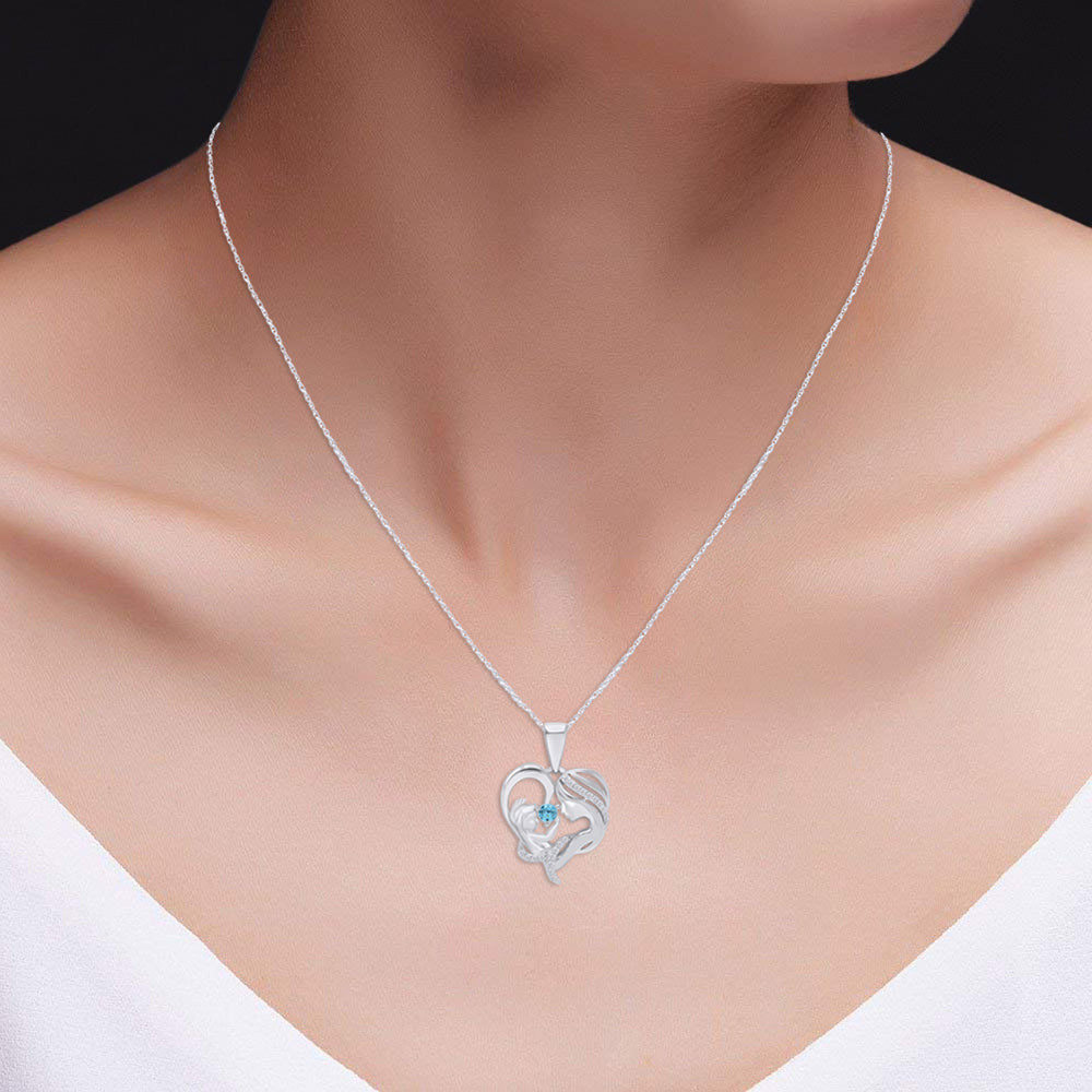 Round Cut Simulated Birthstone & White Cubic Zirconia Mom with Child Heart Pendant Necklace in 14K White Gold Over Sterling Silver