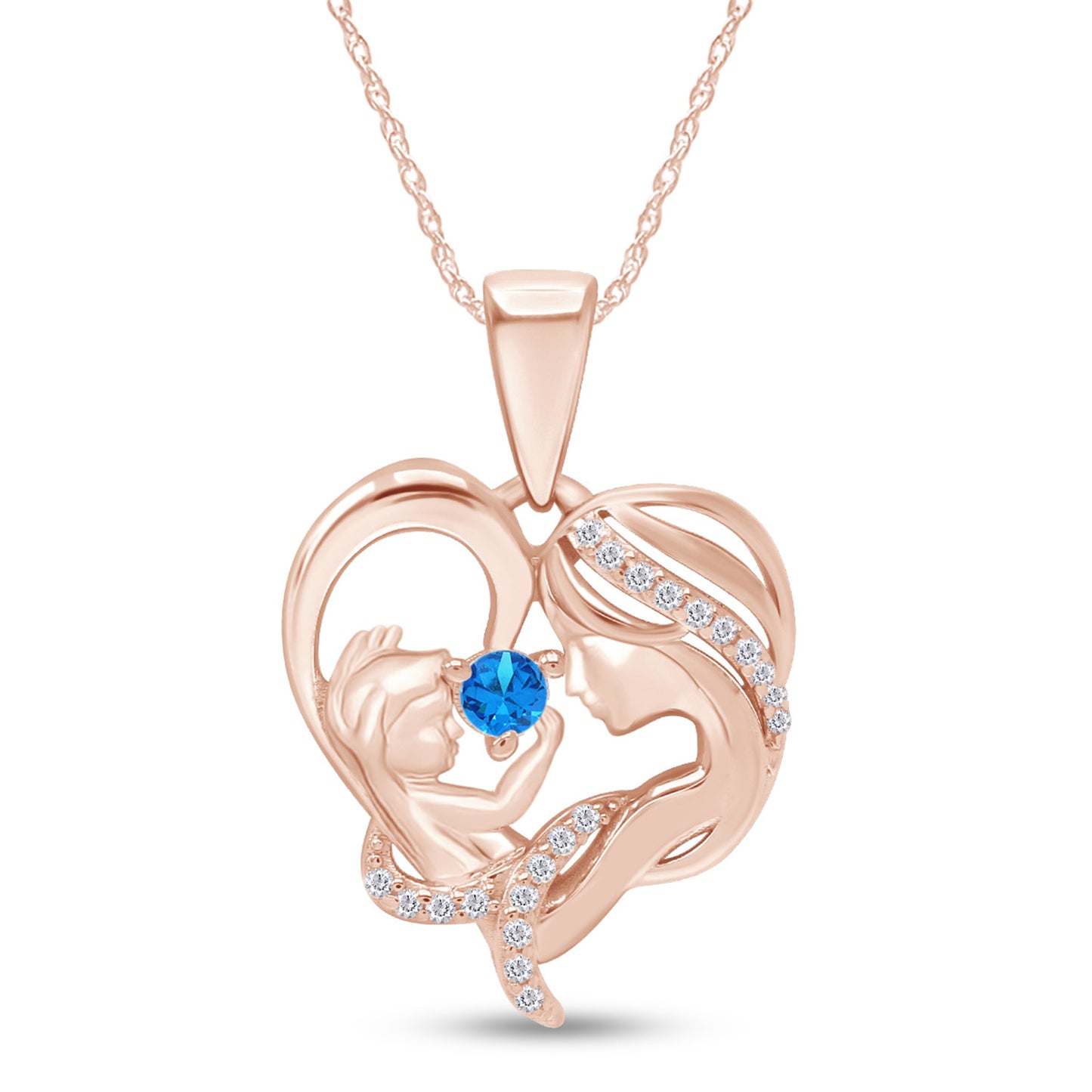 Round Cut Simulated Birthstone & White Cubic Zirconia Mom with Child Heart Pendant Necklace in 14K Rose Gold Over Sterling Silver