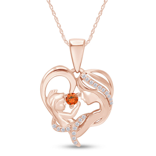 Round Cut Simulated Birthstone & White Cubic Zirconia Mom with Child Heart Pendant Necklace in 14K Rose Gold Over Sterling Silver