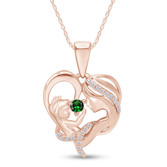 Round Cut Simulated Birthstone & White Cubic Zirconia Mom with Child Heart Pendant Necklace in 14K Rose Gold Over Sterling Silver