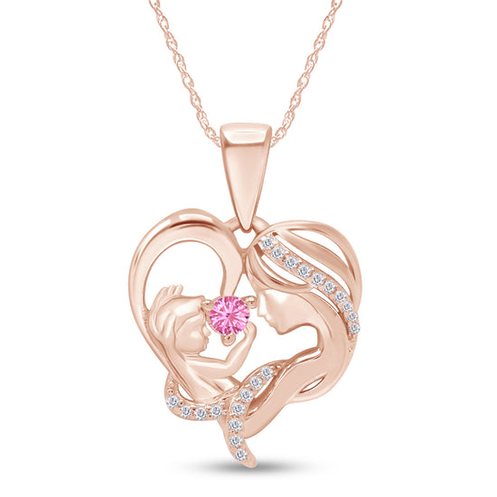 Round Cut Simulated Birthstone & White Cubic Zirconia Mom with Child Heart Pendant Necklace in 14K Rose Gold Over Sterling Silver