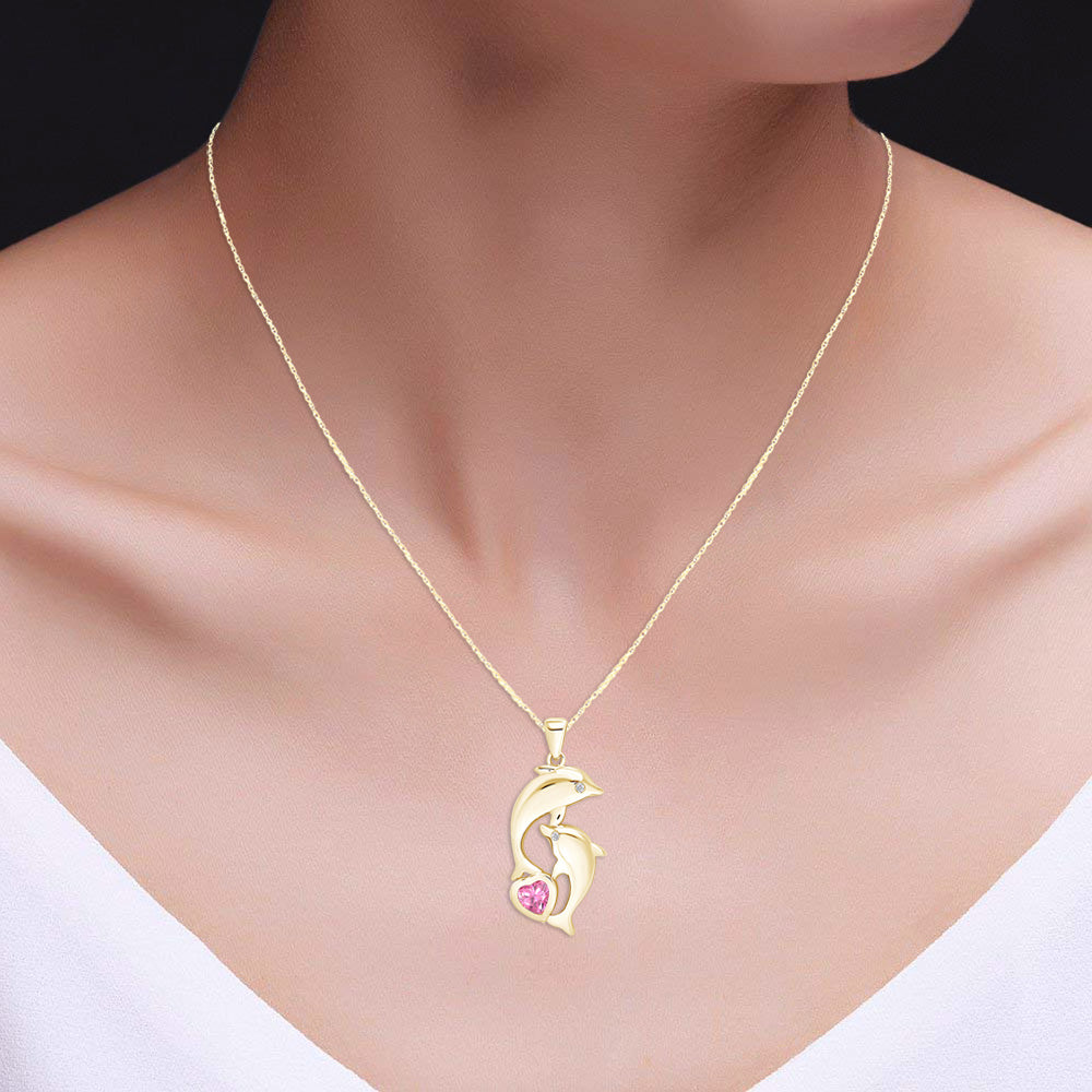 Mother And Baby Dolphin Pendant Necklace 14K Yellow Gold Over Sterling Silver Pendant Necklace