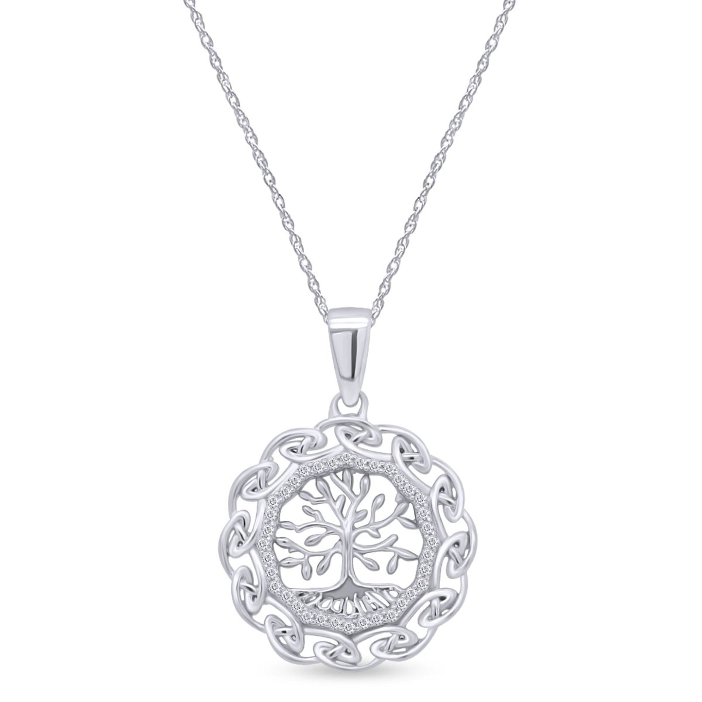 Round Cut White Cubic Zirconia Celtic Knot Tree Life Pendant Necklace In 925 Sterling Silver