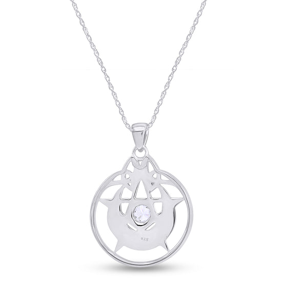 Round Cut White Cubic Zirconia Crescent Two Tone Moon Pentacle Pentagram Pendant Necklace In  925 Sterling Silver