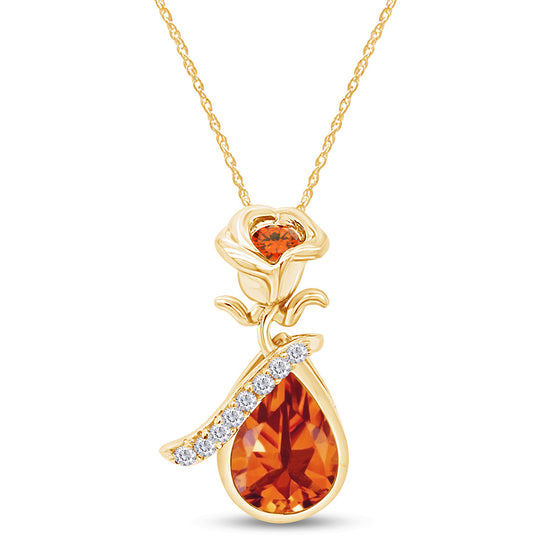 Load image into Gallery viewer, Pear Cut Simulated Birthstone &amp;amp; Round White Cubic Zirconia Rose Flower Teardrop Pendant Necklace For Women In 925 Sterling Silver
