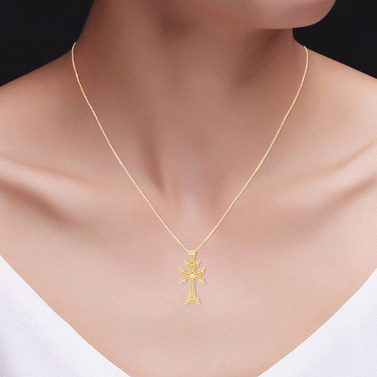 Armenian Cross Pendant Necklace In 14K Gold Over 925 Sterling Silver