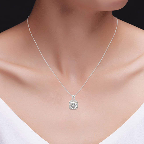 1 8/9 Carat Center Stone 8MM Lab Created Moissanite Diamond Halo Pendant Necklace In 925 Sterling Silver (1.90 Cttw)