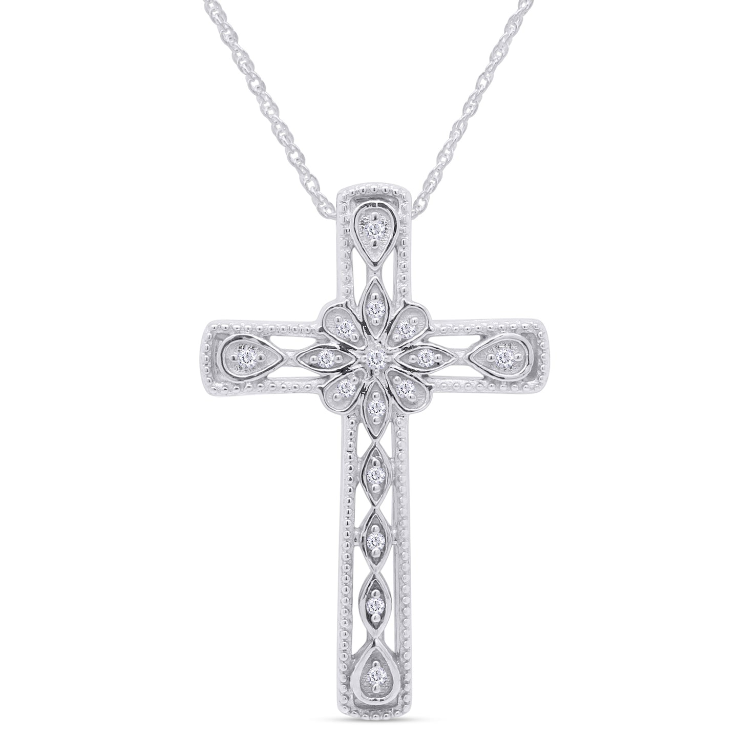 Load image into Gallery viewer, 1/20 Carat Round Cut White Natural Diamond Accent Vintage Style Flower Cross Pendant Necklace For Women In 925 Sterling Silver (0.05 Cttw)
