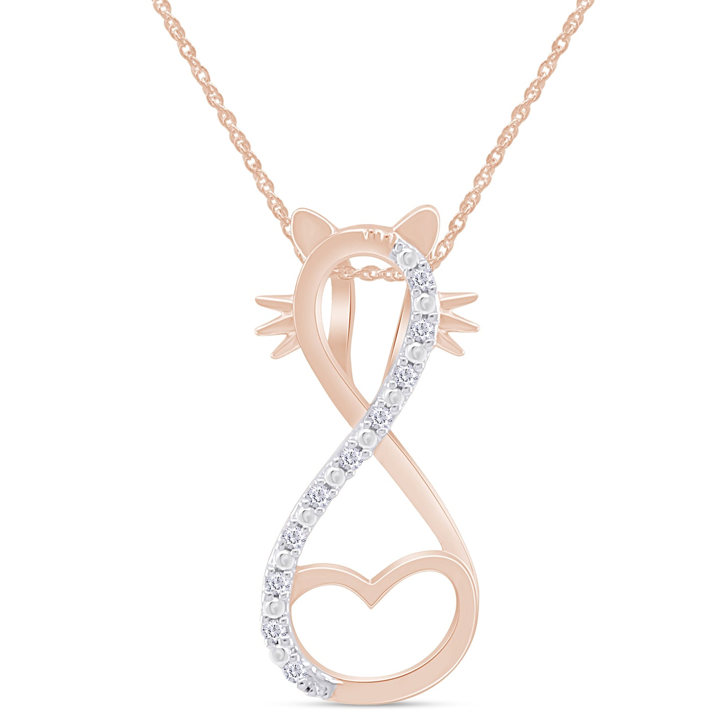 Round White Natural Diamond Accent Infinity Love Heart Cat Pendant Necklace In 925 Sterling Silver