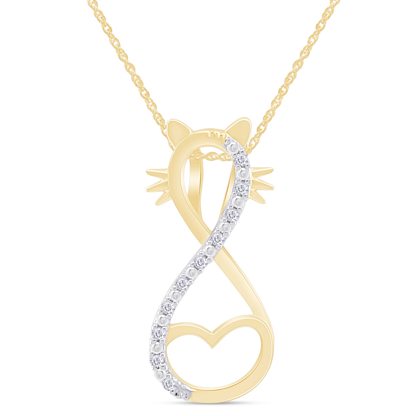 Round White Natural Diamond Accent Infinity Love Heart Cat Pendant Necklace In 925 Sterling Silver