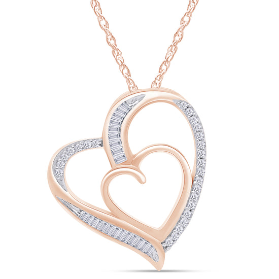 Baguette & Round Cut White Natural Diamond Double Heart Pendant Necklace In 925 Sterling Silver (0.16 Cttw)